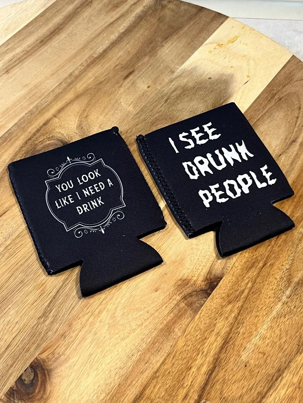 Pair of fun 2-sided beer/pop/soda cozy